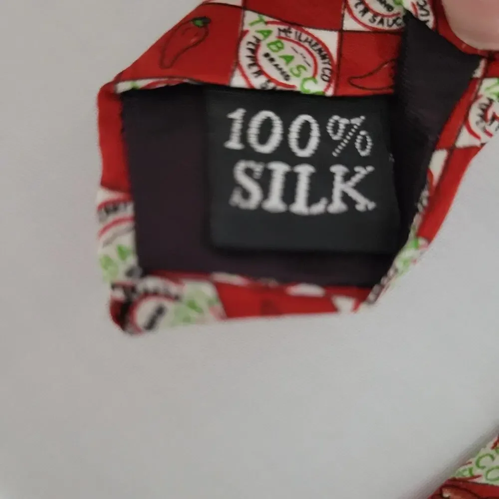 Pair of Tabasco silk novelty print neck tie made in USA, red, multicolor, shrimp